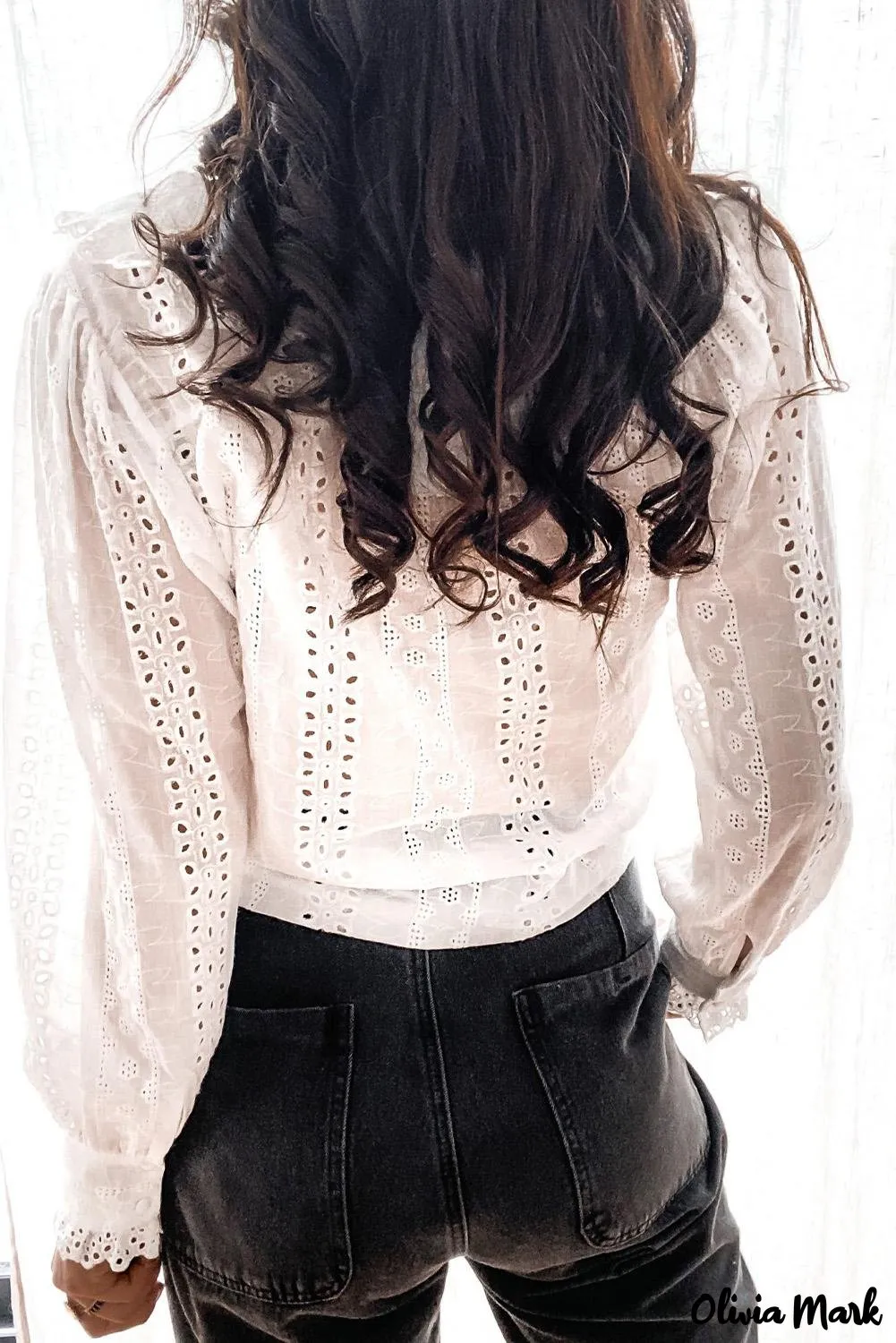 Xieyinshe - White Lace Trim Button Down Long Sleeve Shirt