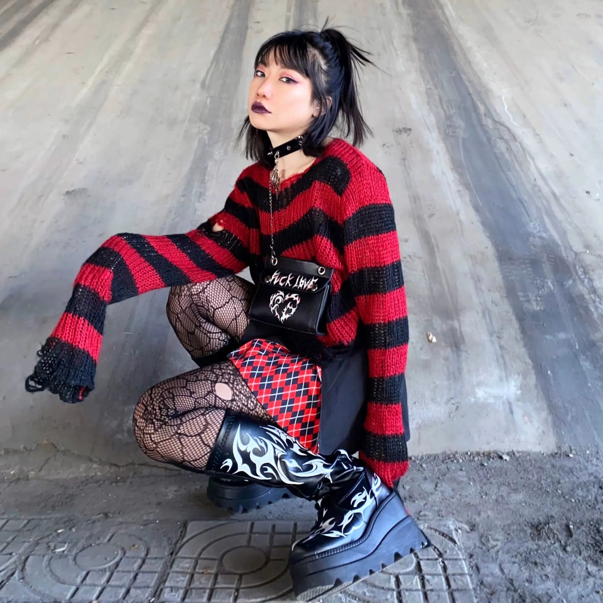 Y2K Grunge Striped Distressed Sweater