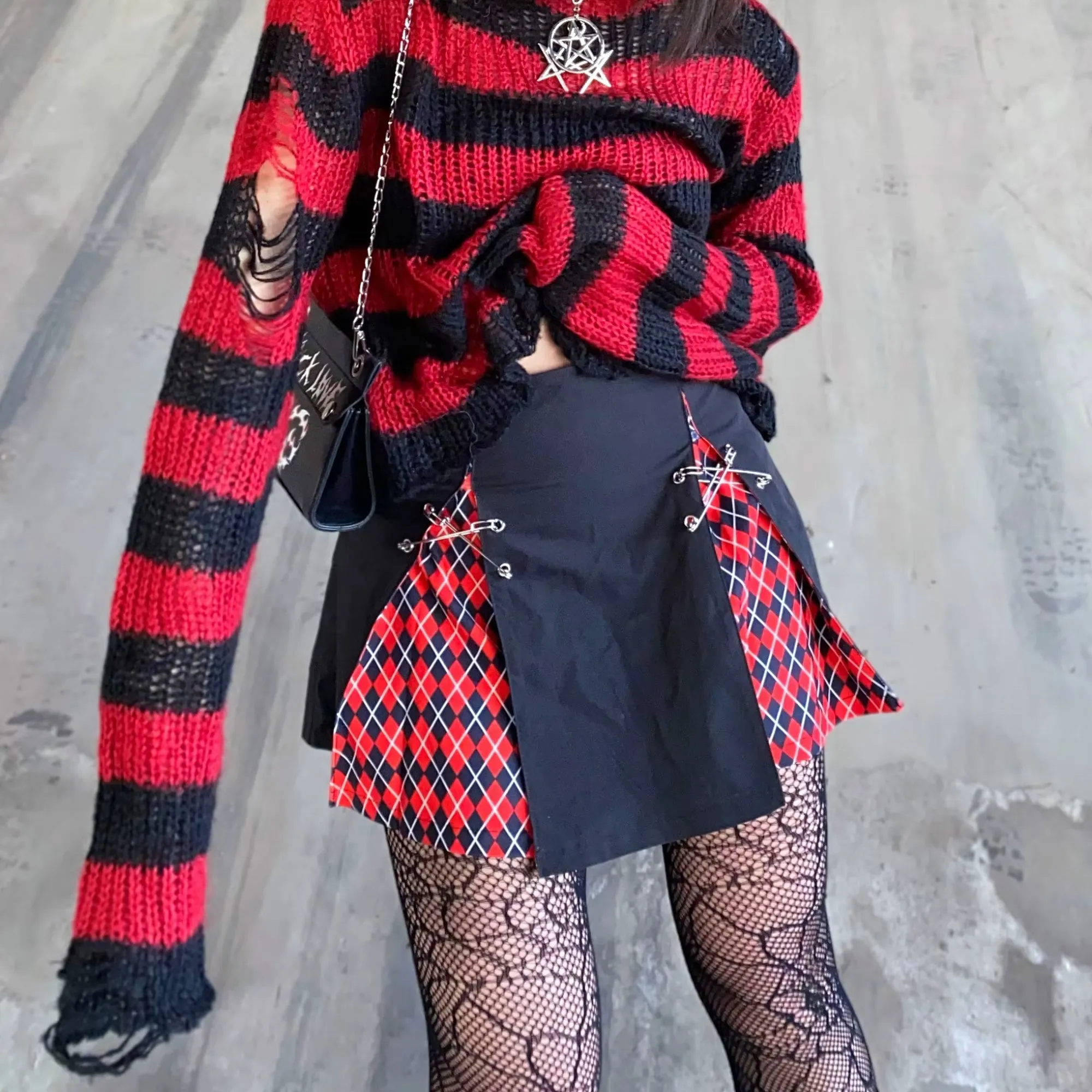 Y2K Grunge Striped Distressed Sweater