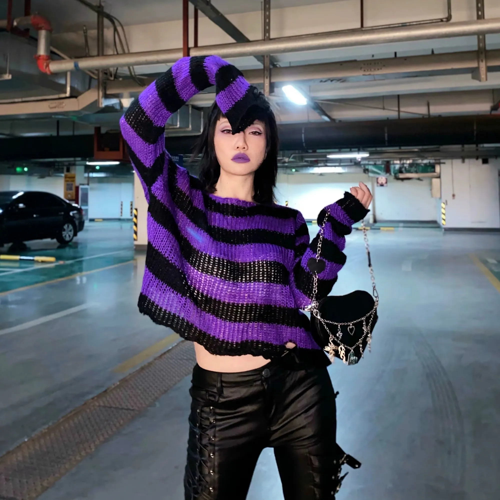 Y2K Grunge Striped Distressed Sweater