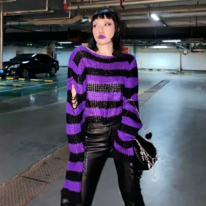 Y2K Grunge Striped Distressed Sweater