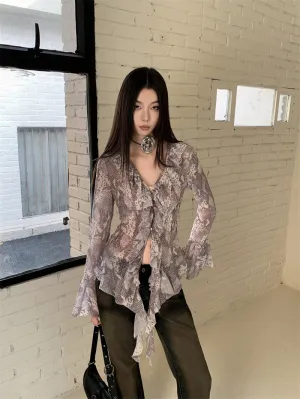 Y2K Snakeskin Ruffled Blouse