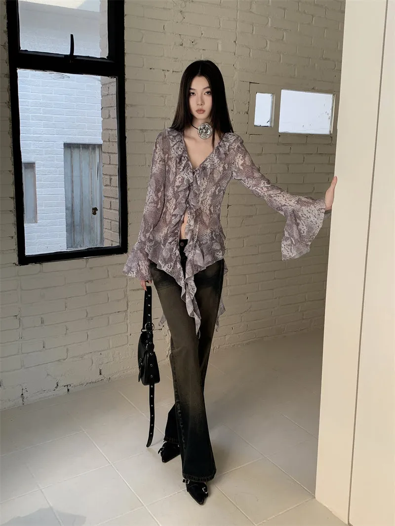 Y2K Snakeskin Ruffled Blouse