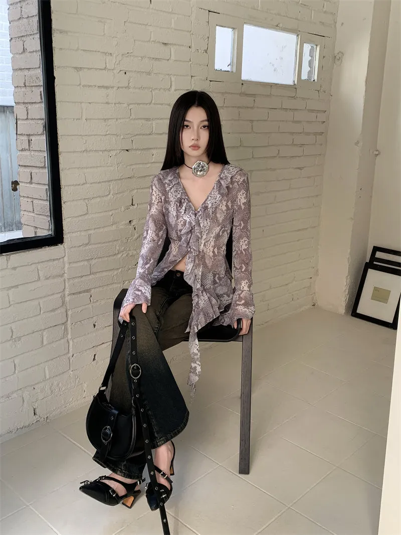 Y2K Snakeskin Ruffled Blouse