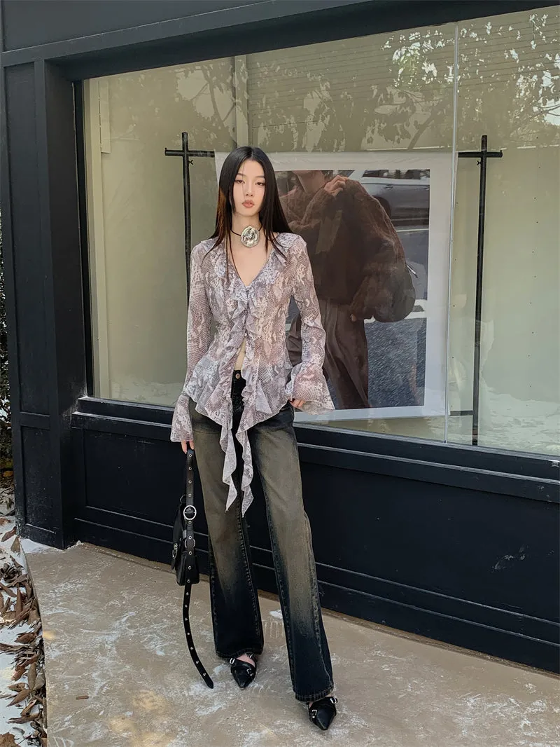 Y2K Snakeskin Ruffled Blouse